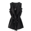 Women Casual Long Coats For Ladies Fashion Plain Black Lapel Sleeveless Tie-Waist Bow Vest Outerwear