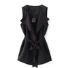 Women Casual Long Coats For Ladies Fashion Plain Black Lapel Sleeveless Tie-Waist Bow Vest Outerwear