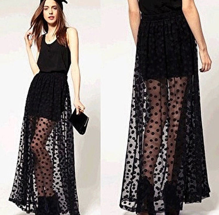 Online discount shop Australia - Fashion Women Polka Dot Layer Lace Mesh Long Maxi Skirt Slim Elastic Waist Skirt