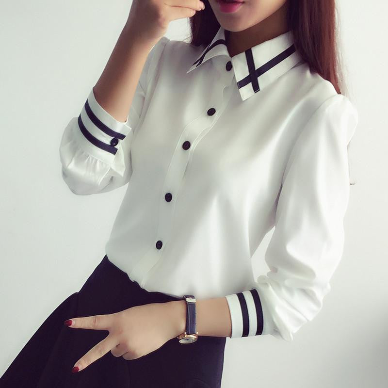 Women Blouses Korean Style Long Sleeve Sequin Chiffon Ladies Office Shirt White Blue Tops Formal