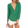 Women's Fashion Casual V Neck Long Sleeve Zipper Tops Chiffon Blouses