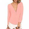 Women's Fashion Casual V Neck Long Sleeve Zipper Tops Chiffon Blouses