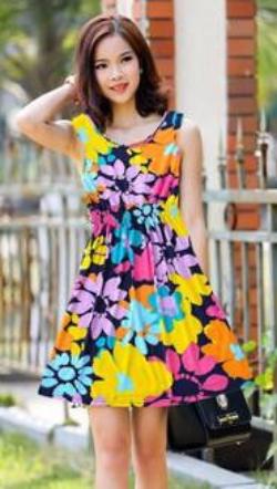 women bohemian Dresses Floral pattern sleeveless wave point small large size