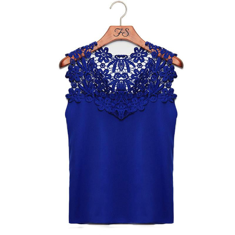 Women Blouses Sleeveless Chiffon Shirt Women Floral Lace Shirt Patchwork Chiffon Blouse