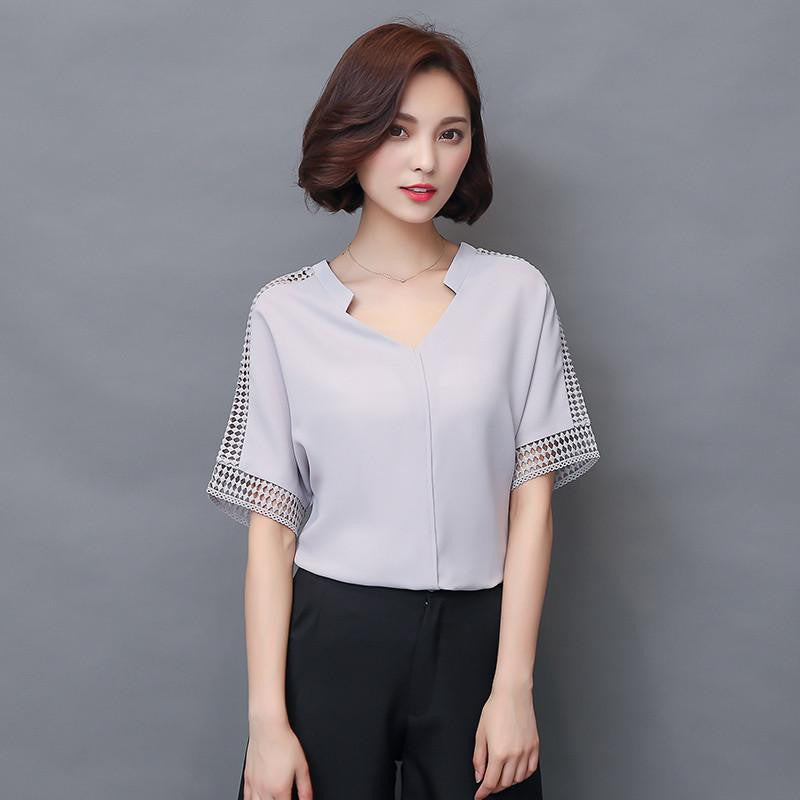 Women Blouses Lace Hollow Out Short Sleeve V-neck Casual Loose Shirts Plus Size Chiffon Tops 883C 25