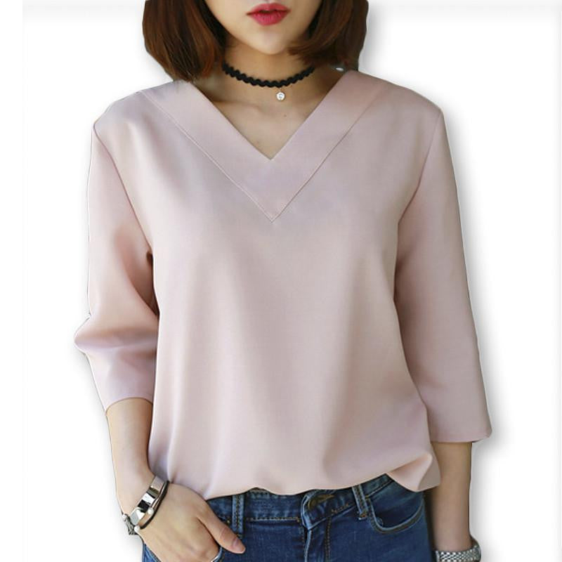 Tops V-neck Chiffon Blouse Shirt Women Office Ladies Top Work Shirts Clothing Korean Plus size S-XL White Blue Pink