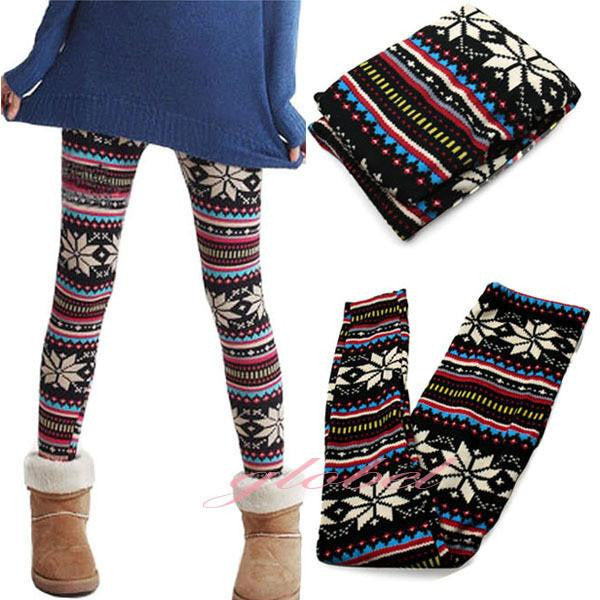 Women Retro Knitted Snowflakes Multi-Colors Figure Legging Pants PY