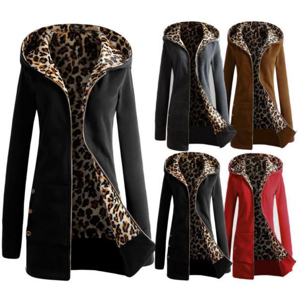 Women Leopard Fleece Zipper Hooded Warm Coat Female Thickening Slim Jacket Casual Outwear Plus Size Overcoat