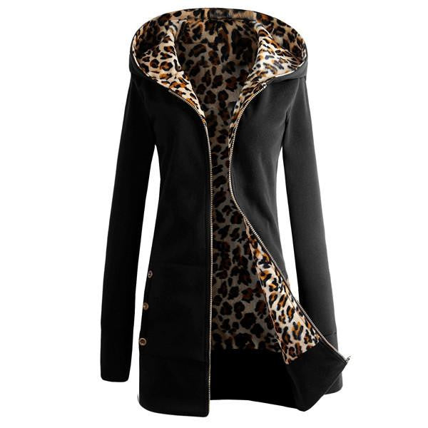Women Leopard Fleece Zipper Hooded Warm Coat Female Thickening Slim Jacket Casual Outwear Plus Size Overcoat