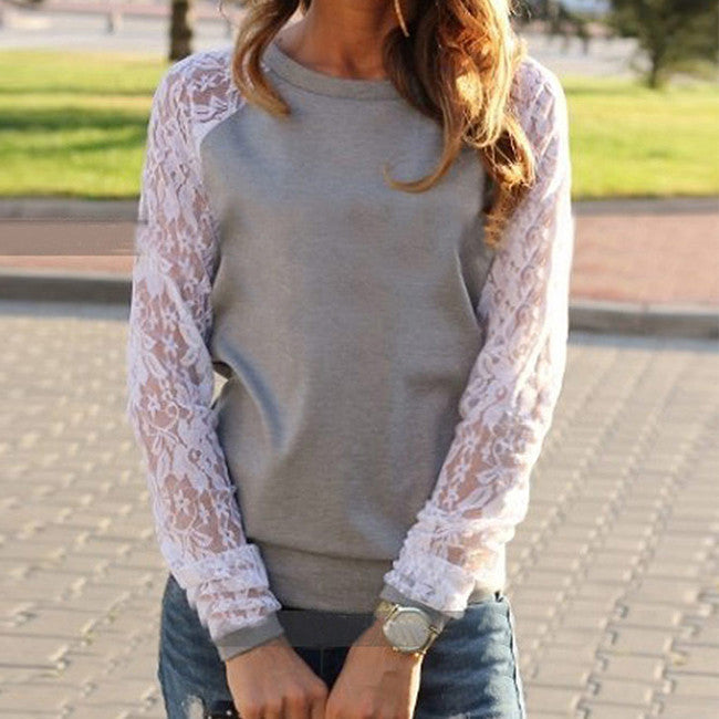 Womens est O-neck Sweatshirts Tops Lace Patchwork Long Sleeve Casual Plus