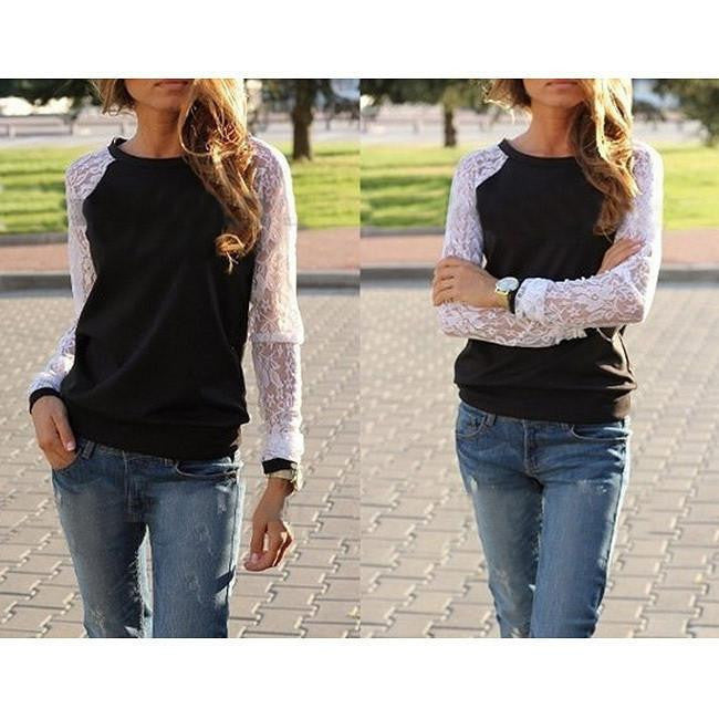 Womens est O-neck Sweatshirts Tops Lace Patchwork Long Sleeve Casual Plus