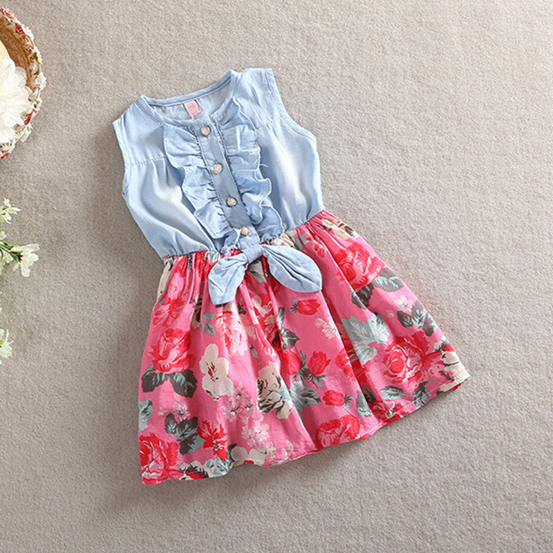 Online discount shop Australia - Kid Girls Jean Denim Bow Flower Ruffled Dress Sundress Clothing Costume