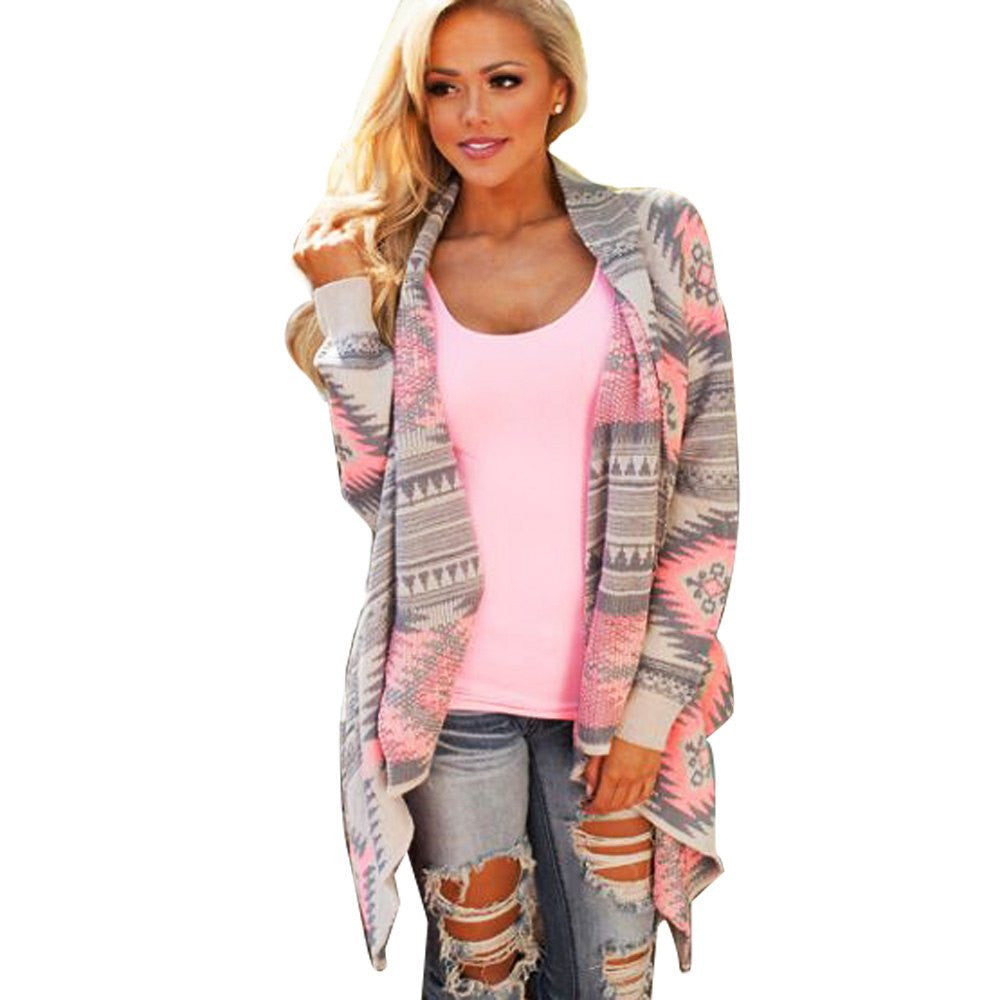 Online discount shop Australia - Blouse Collarless Cardigan Sleeves Poncho Pink Cotton Coat Asymmetrical Tribal Print Cardigan Women Bloues