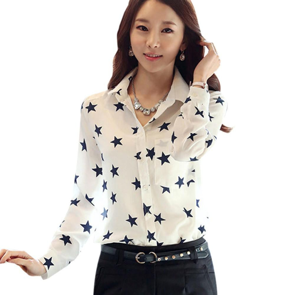 Women Casual Shirt Star Button Down Collar Long Sleeves OL Career Work Office Lady's Blouse