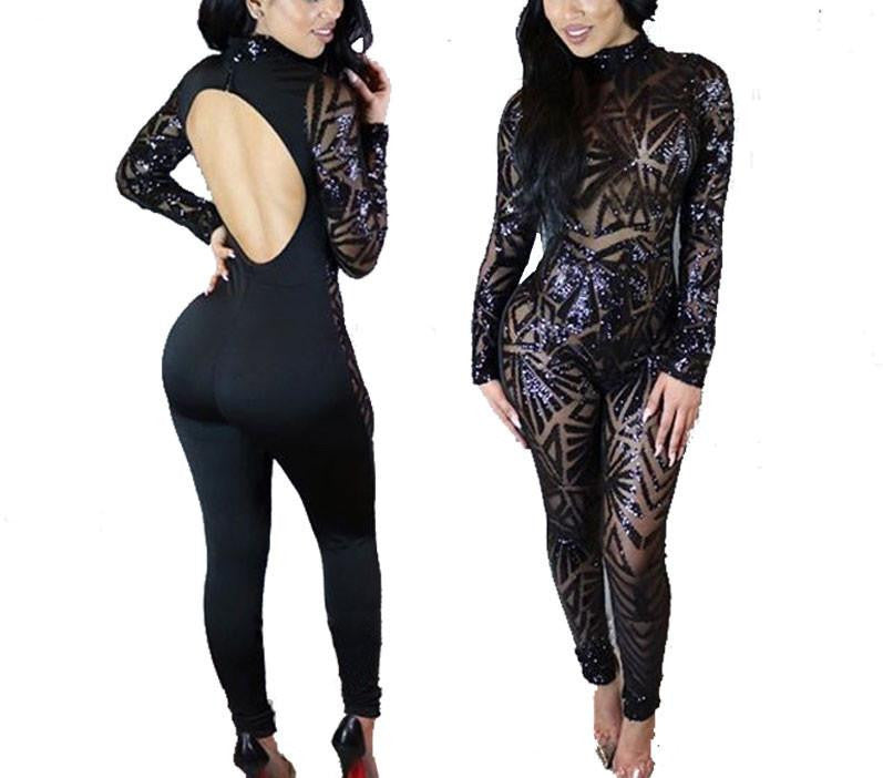 nightclub back Hollow sequined embroidery perspective Print Random Position Bodycon Women Rompers Bodysuits Jumpsuit