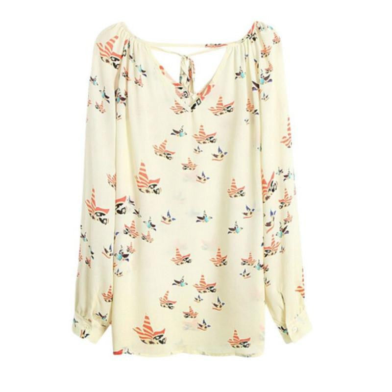 Women Chiffon Top Blouse Short Long Sleeve Print Casual Loose Shirt