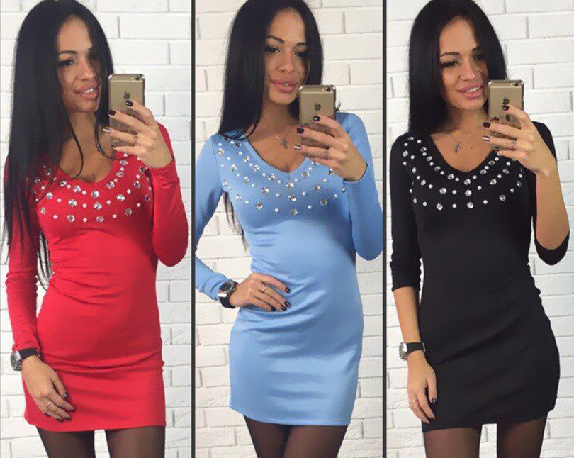 Online discount shop Australia - fashion women sheath dress casual blue red black mini dress v-neck ladies diamonds solid dress