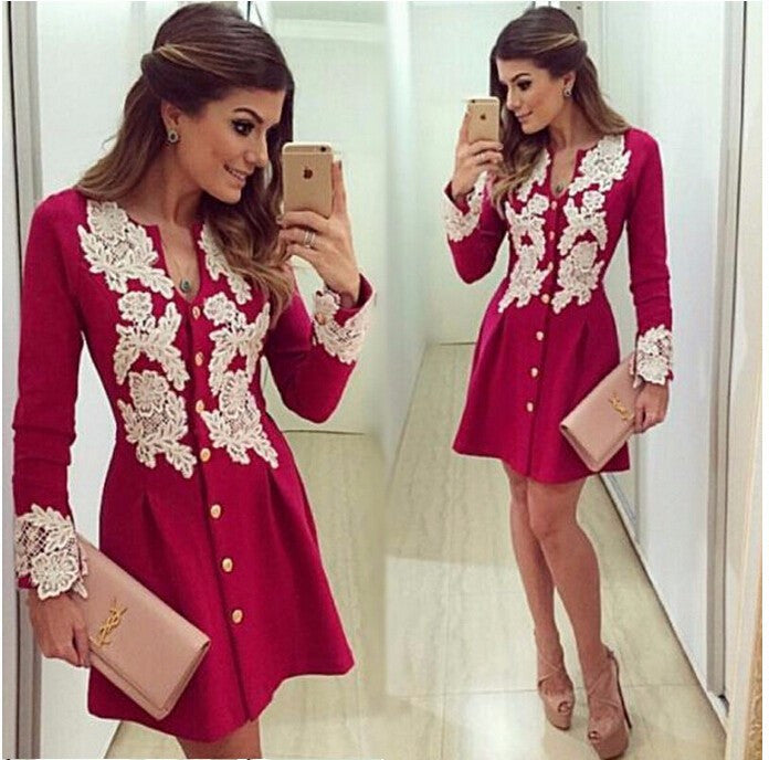 red chiffon dress long sleve v-neck lace dresses button above knee dress
