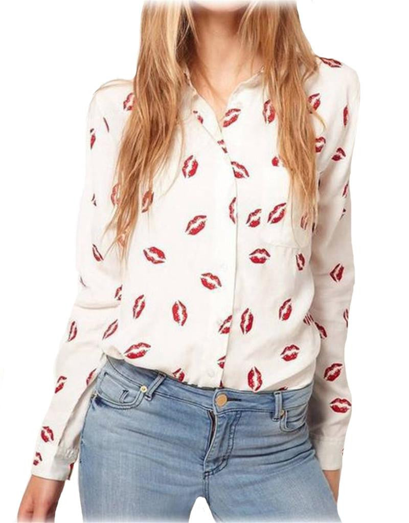 Women Blouse Fashion Turn-down Collar Red Lip Print White Lady Chiffon Shirt Long Sleeve Tops y487