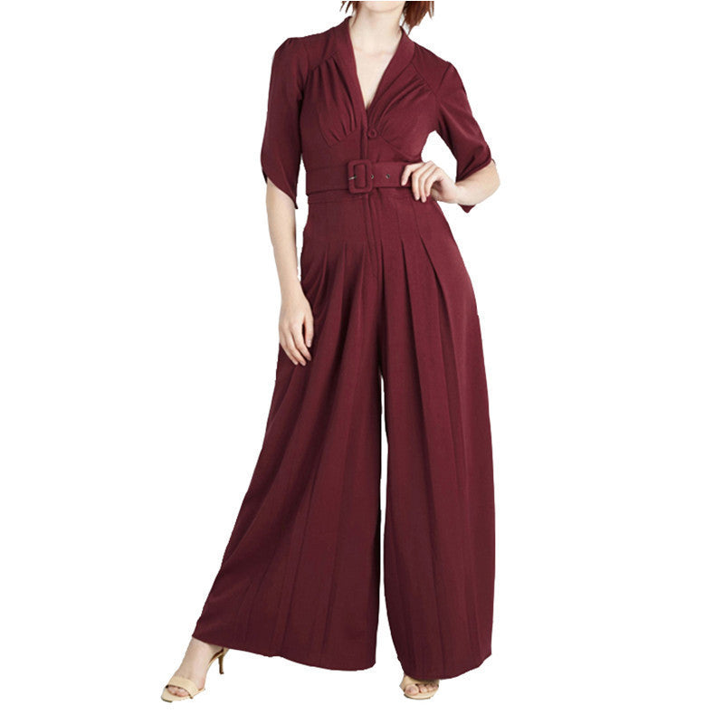 Online discount shop Australia - High Waist Slim Pocket New Woman Jumpsuit Romper V-Neck Short Sleeve Harem Fashion Jumpsuit