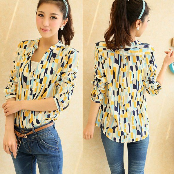 Online discount shop Australia - Crochet blouse Career Button Down Women's Shirts Tops Turn-down Collar Geometric Print Long Sleeve Blouse For SHM