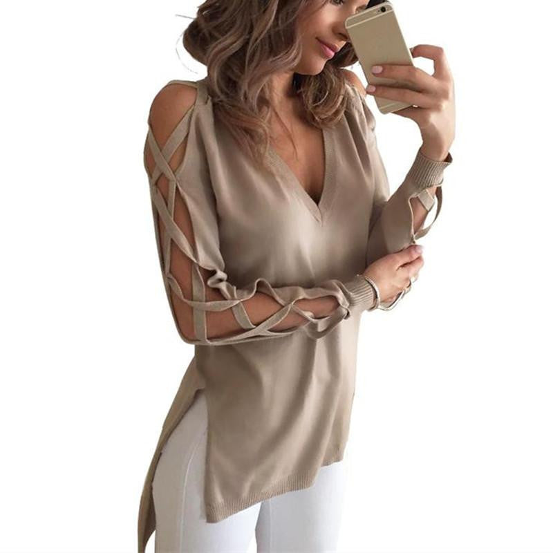 Bandage Hollow Out Long Sleeve Women Blouse Shirt V Neck High Low Split Tops Club Party