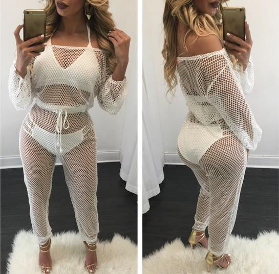 Hollow Out Beach Cover up loose Long Sleeve Bodycon Long Pants netting sexy black/white Jumpsuit plus size