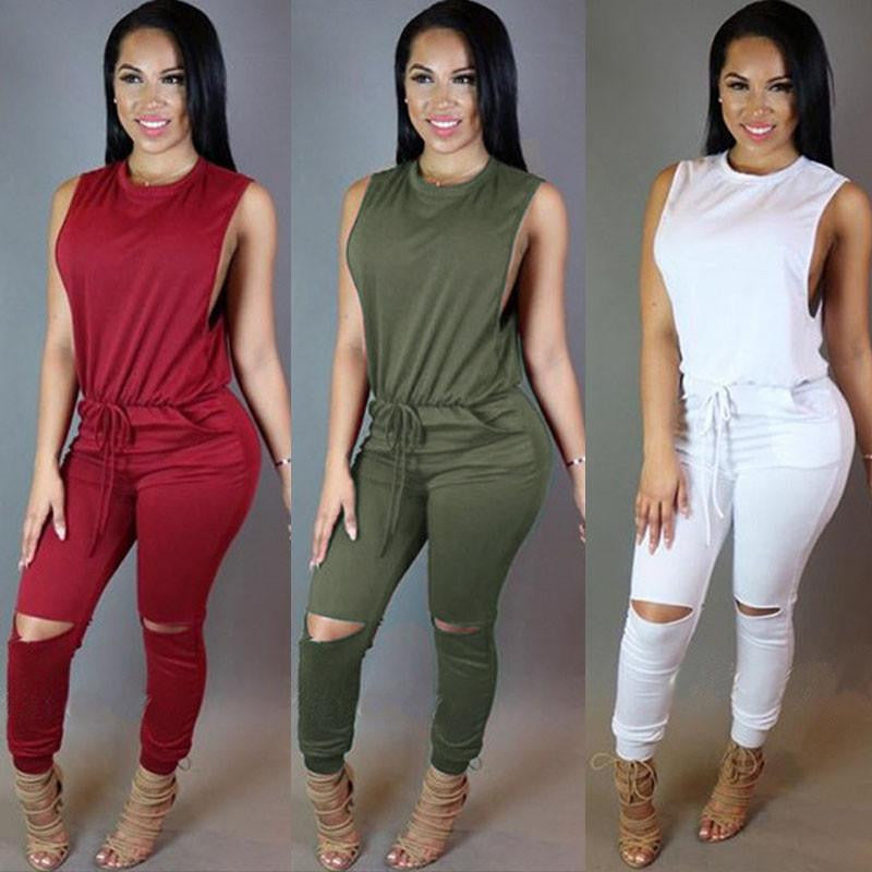 Women Jumpsuit Bodysuit Bodycon Drawstring Sleeveless One Piece Pant Hollow Plus Size Rompers