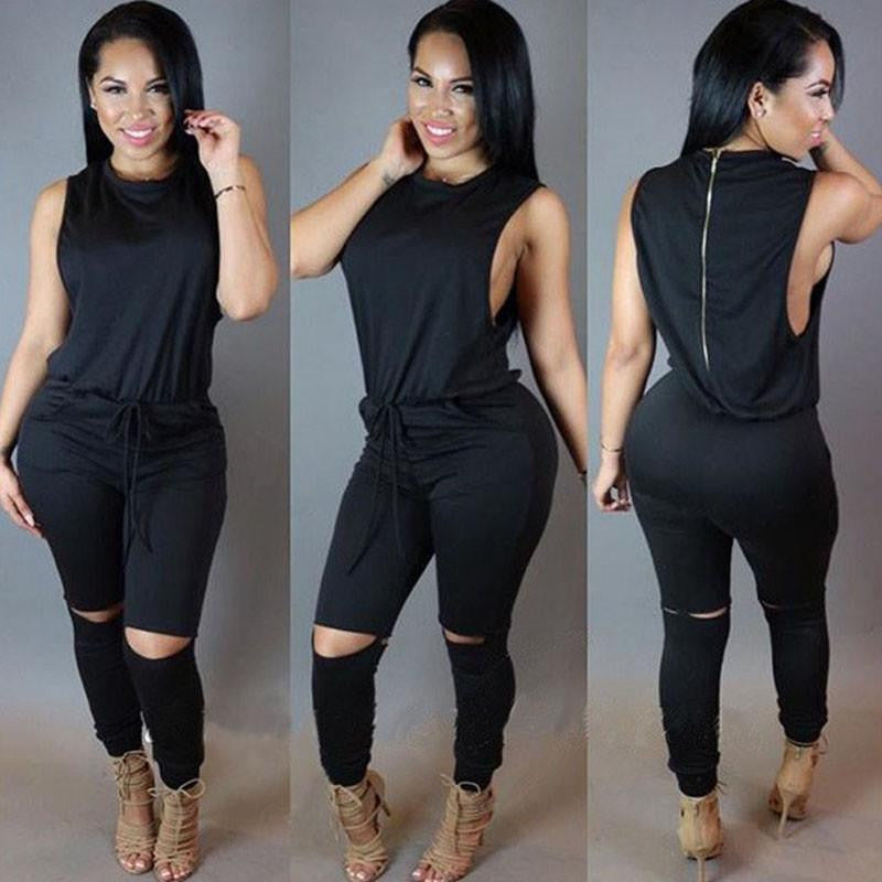 Women Jumpsuit Bodysuit Bodycon Drawstring Sleeveless One Piece Pant Hollow Plus Size Rompers