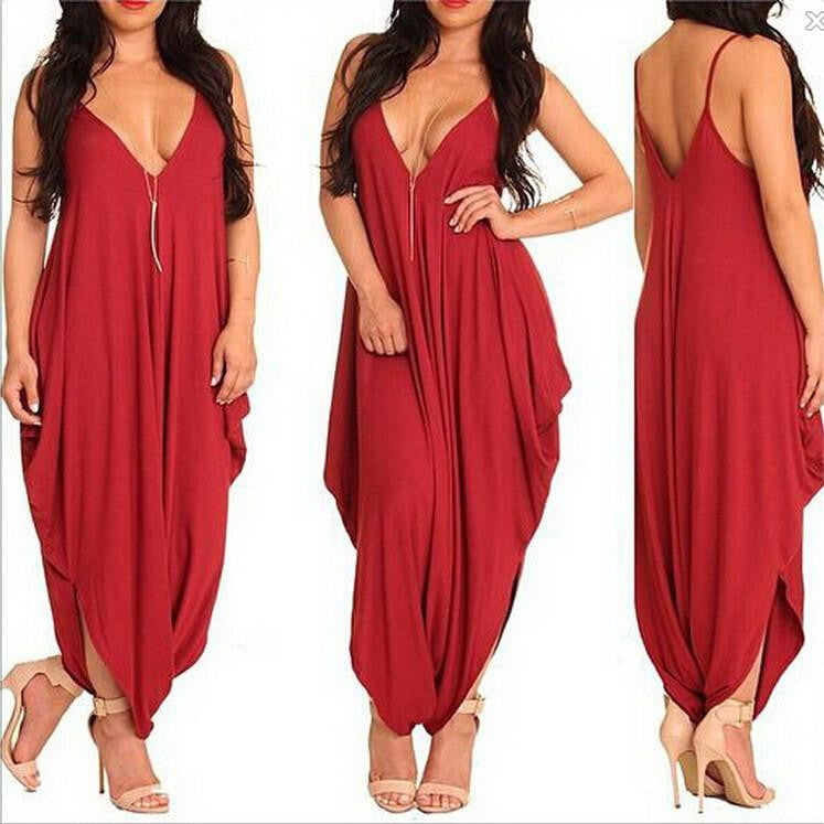 Deep V Backless Red Jumpsuit Women Plus Size Style Rompers Womens Jumpsuit Loose Long Pants Rompers Overall