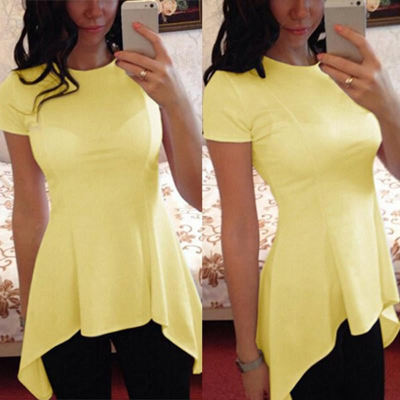 Women Ruffle Blouse Irregular Hem Short Sleeve O Neck Peplum Waist Slim Fit Tops Casual Loose Shirts