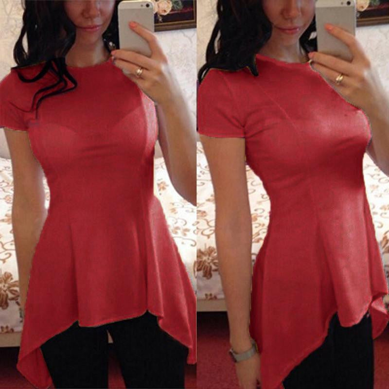 Women Ruffle Blouse Irregular Hem Short Sleeve O Neck Peplum Waist Slim Fit Tops Casual Loose Shirts