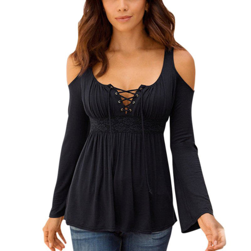 Women Long Sleeve Off Shoulder Lace Up Neck Shirt Casual Slim Tops Blouse S1