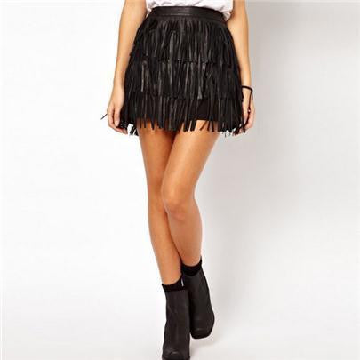 Woman Skirts Fashion Women Fringe Tassel PU Leather High Waist A-Line Mini Lady Skirt S-XXL Black D013