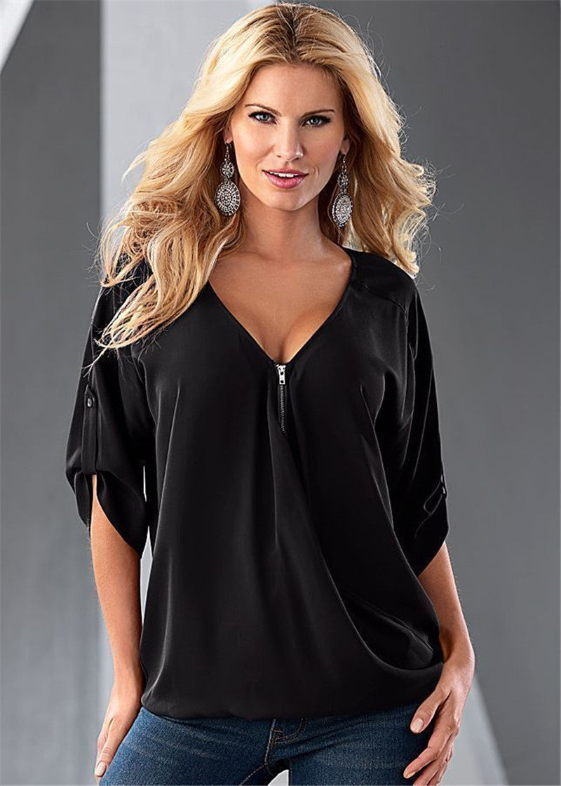 Online discount shop Australia - Casual Temperament Women  Sexy V-Neck Solid Long-Sleeve Shirt Top Blouse Party Clothing