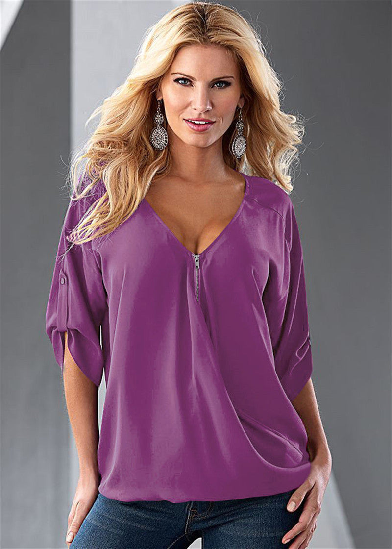 Online discount shop Australia - Casual Temperament Women  Sexy V-Neck Solid Long-Sleeve Shirt Top Blouse Party Clothing