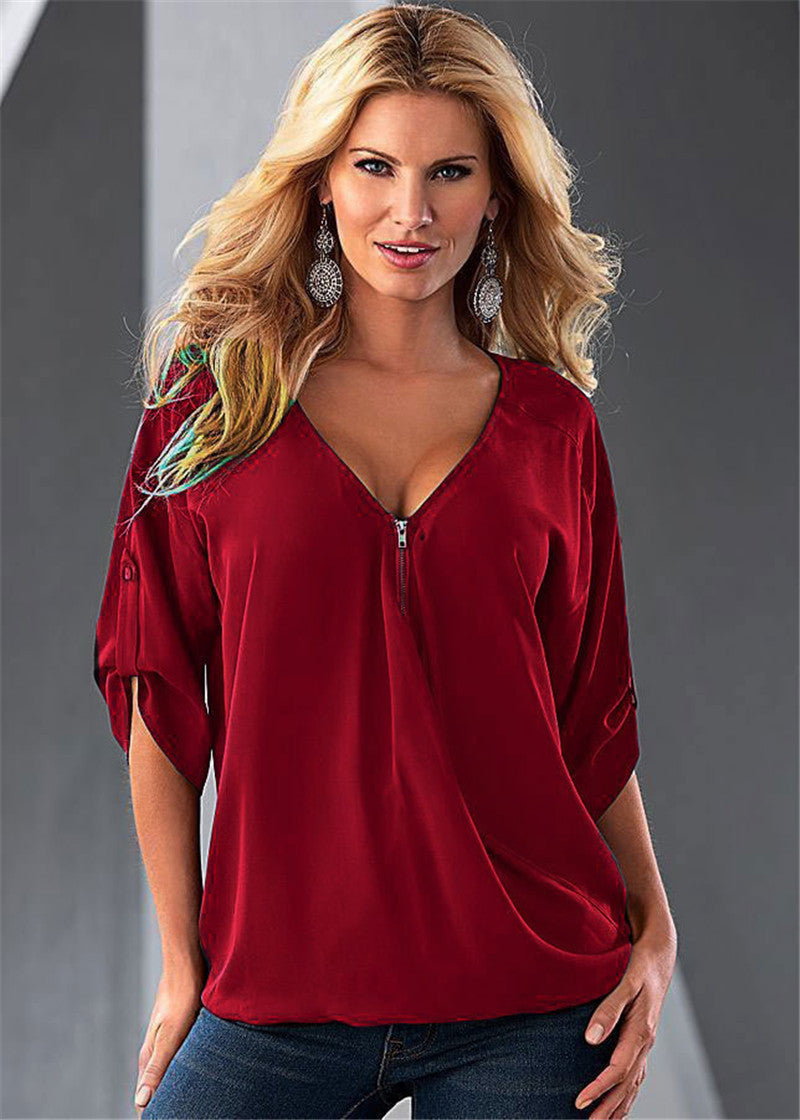 Online discount shop Australia - Casual Temperament Women  Sexy V-Neck Solid Long-Sleeve Shirt Top Blouse Party Clothing