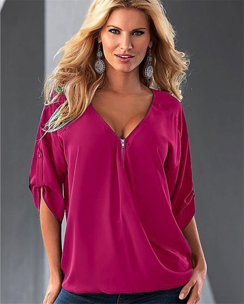 Online discount shop Australia - Casual Temperament Women  Sexy V-Neck Solid Long-Sleeve Shirt Top Blouse Party Clothing