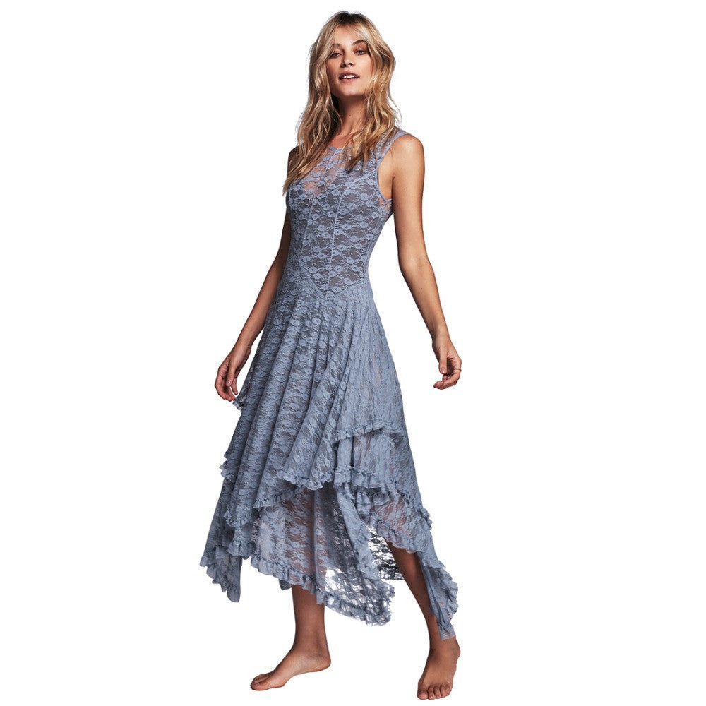 Online discount shop Australia - Boho People hippie Style Asymmetrical embroidery Sheer lace dresses double layered ruffled trimming low V-back (No lining)