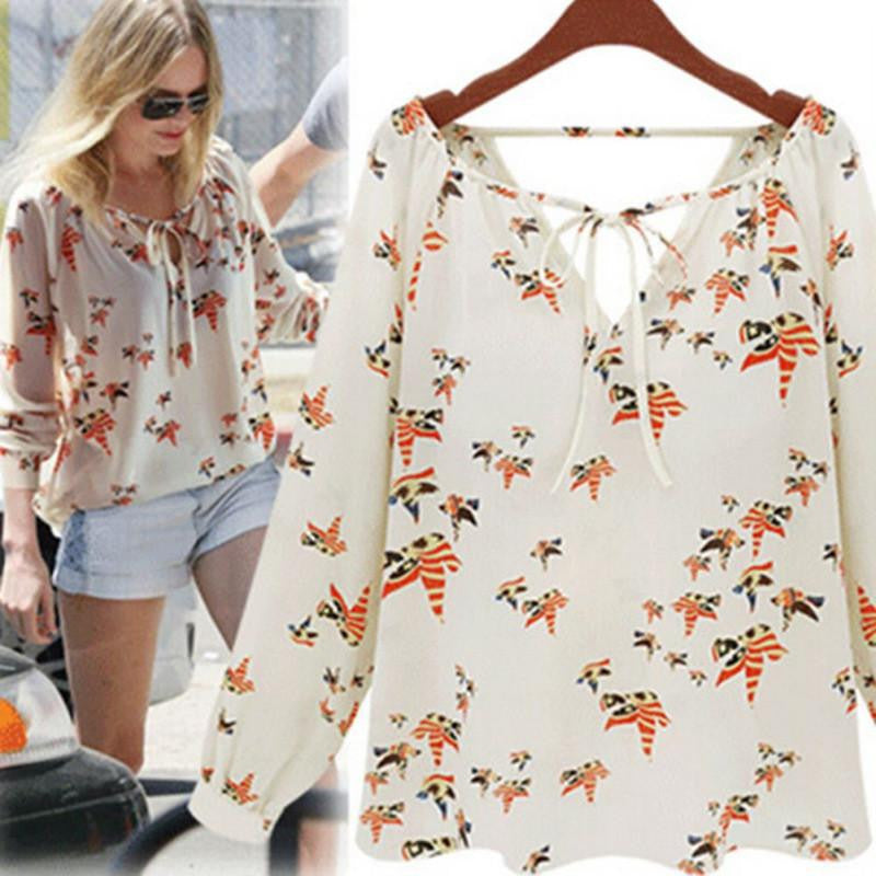 Women Casual Chiffon Floral Long Sleeve Tops Blouse shirt Dove Print OL Shirt