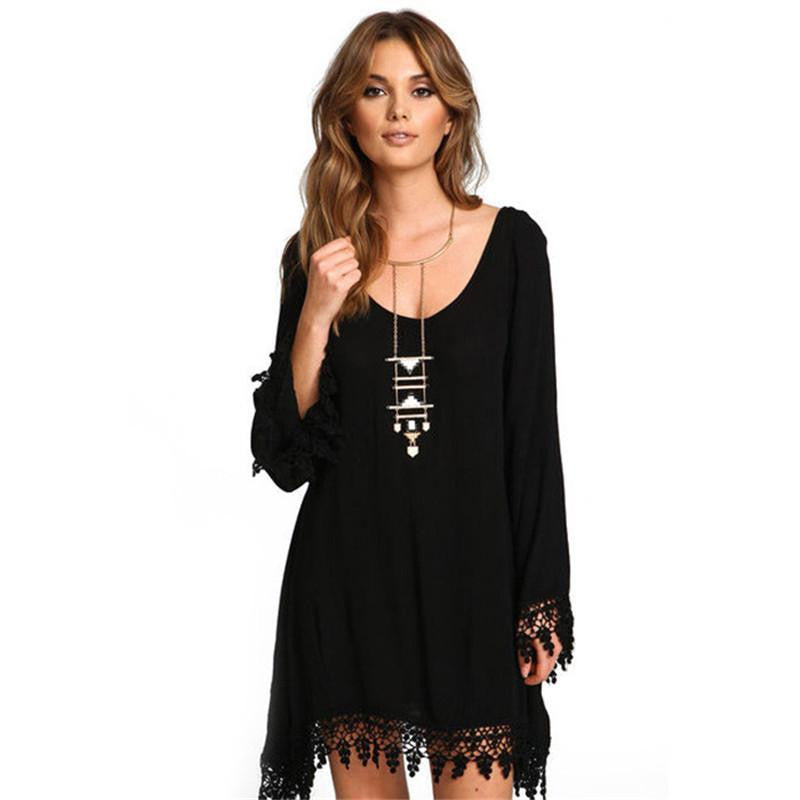Women's Casual Loose Long Sleeve Black O neck Hollow out Mini Dress robe courte Lady Party