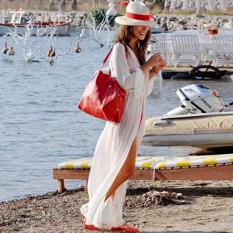 Women Chiffon Swimwear Long Sleeve White Maxi Beach Dress Ladies