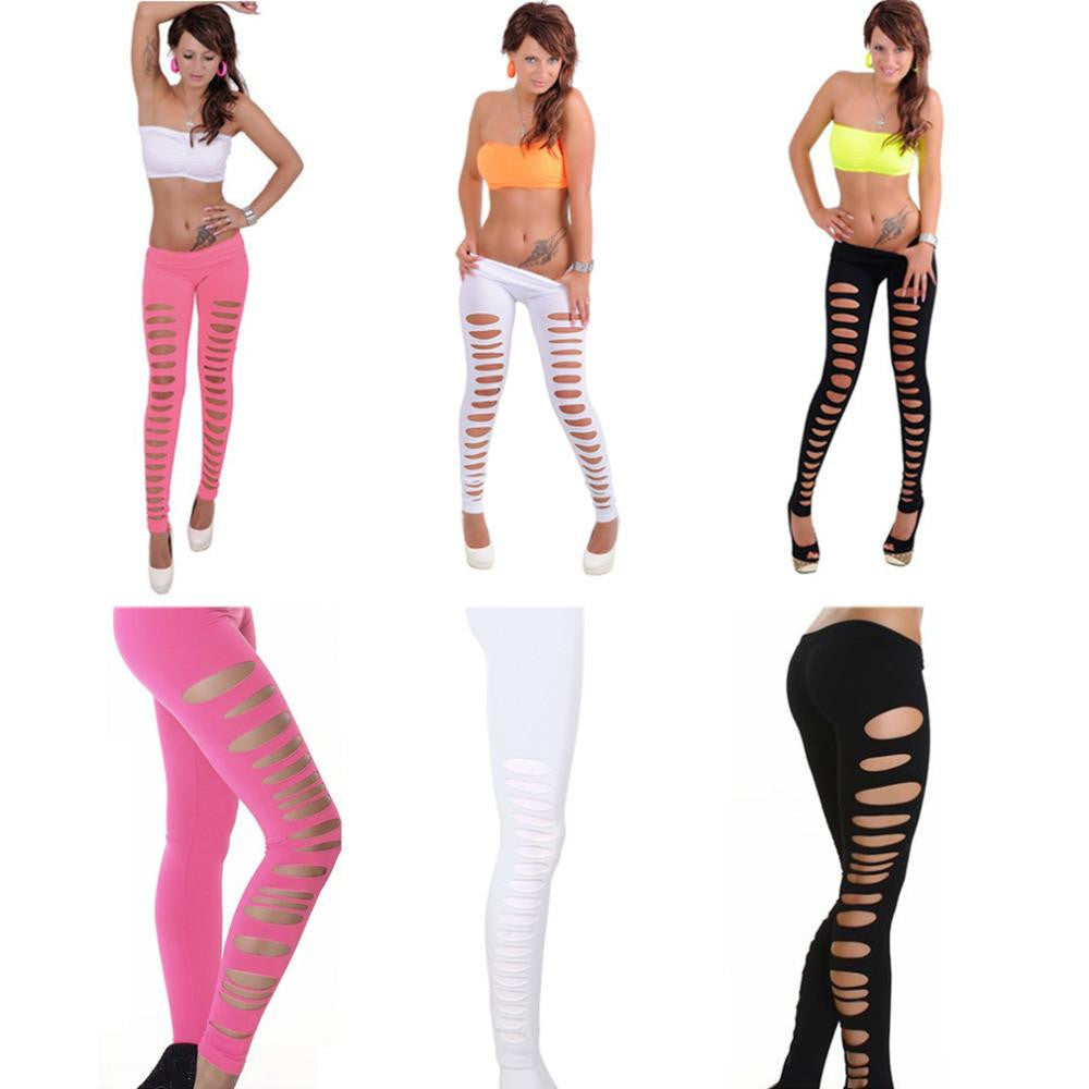 Women Leggings Candy Color Skinny Ripped Hole Cut Out Leggings Pants Black/White/Pink Color