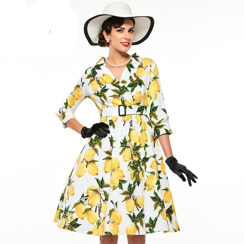 Sisjuly women floral vintage dress lemon print party dress style 1950s rockabilly dress vestido luxury pleated vintage dresses
