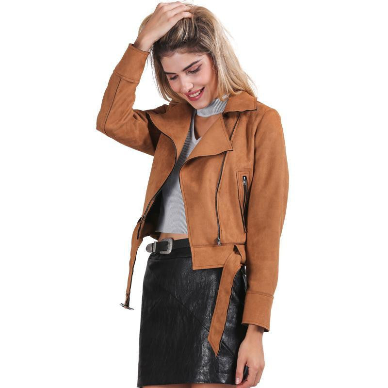 Zipper basic suede jacket coat motorcycle leather jacket Women outwear Pink belted short jackets