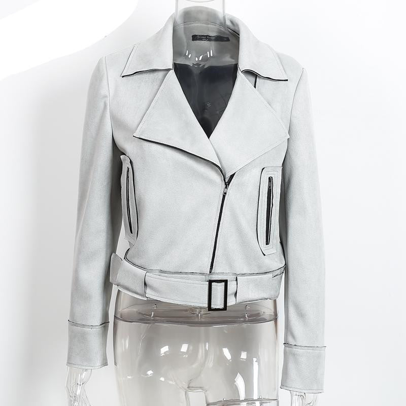 Zipper basic suede jacket coat motorcycle leather jacket Women outwear Pink belted short jackets