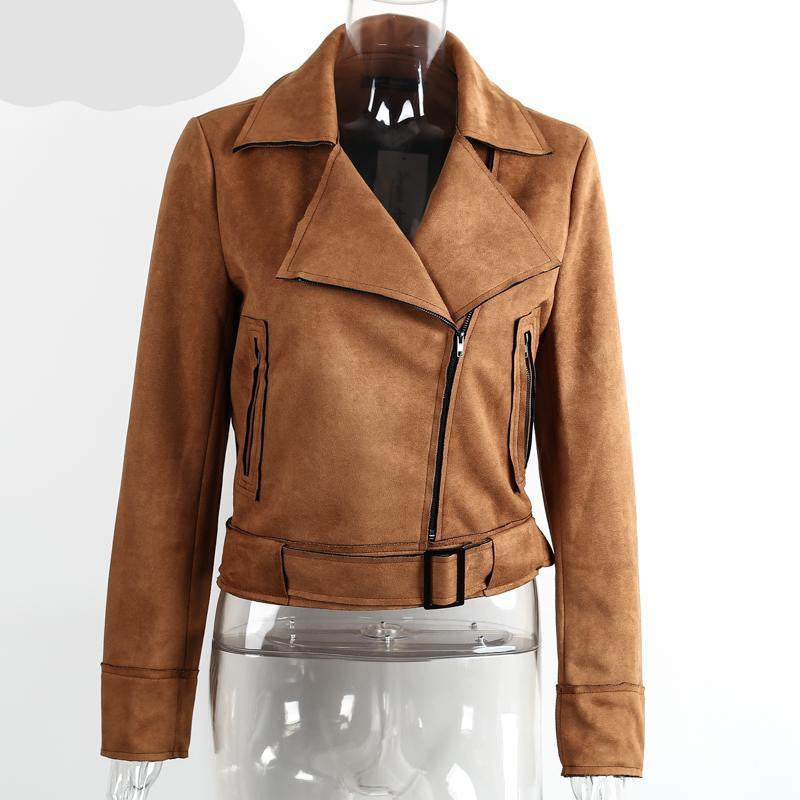 Zipper basic suede jacket coat motorcycle leather jacket Women outwear Pink belted short jackets