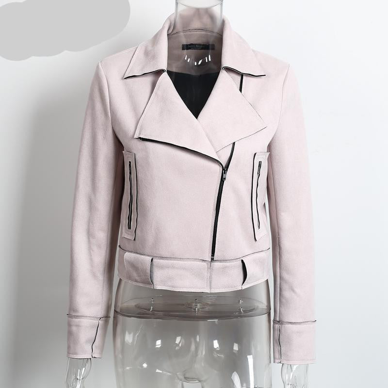 Zipper basic suede jacket coat motorcycle leather jacket Women outwear Pink belted short jackets