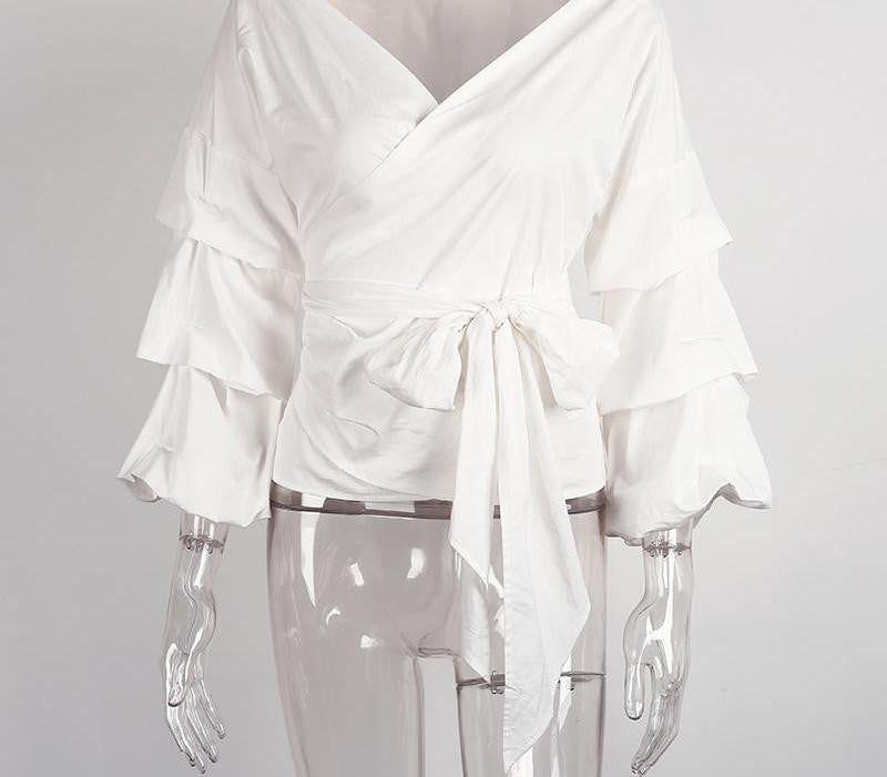 Simplee Ruffled off shoulder white blouse shirt sexy ruched sleeve cool blouse Women waist tie cotton top tees