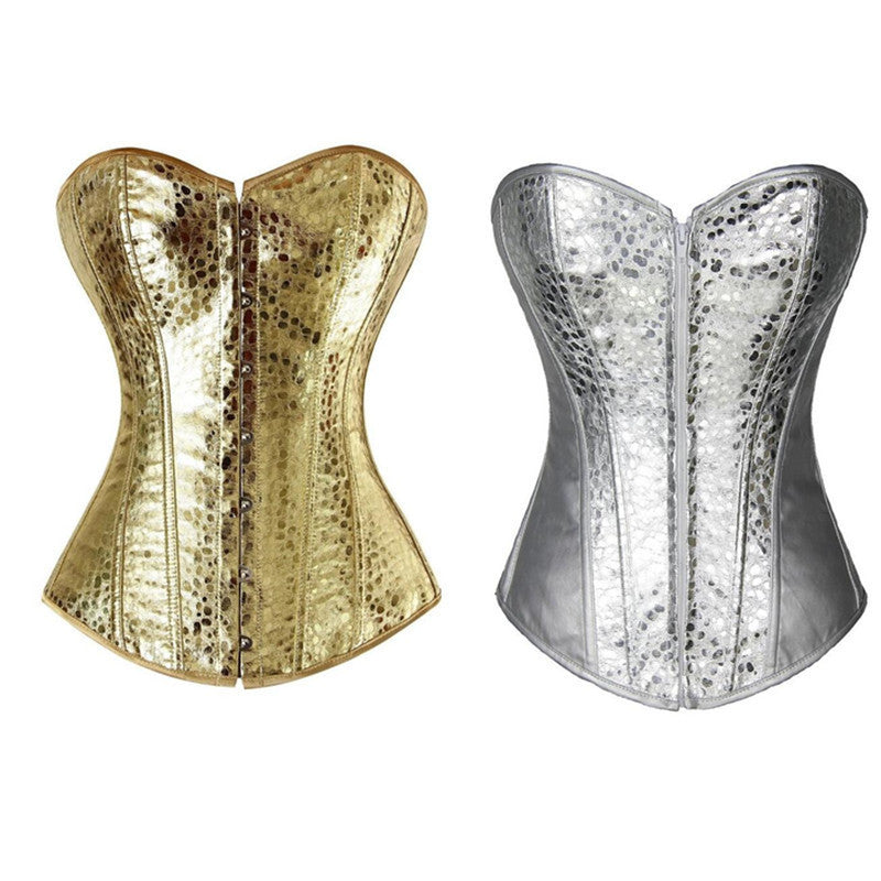 Online discount shop Australia - Leather Overbust Corset gold/sliver Showgirl Clubwear Burlesque zipper Costume Lace up Boned Carnival Top Shirt S-2XL